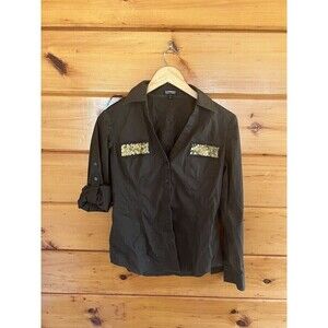 Express Essential Stretch Ladies Black Fitted Shirt With Golden Sequins Size S